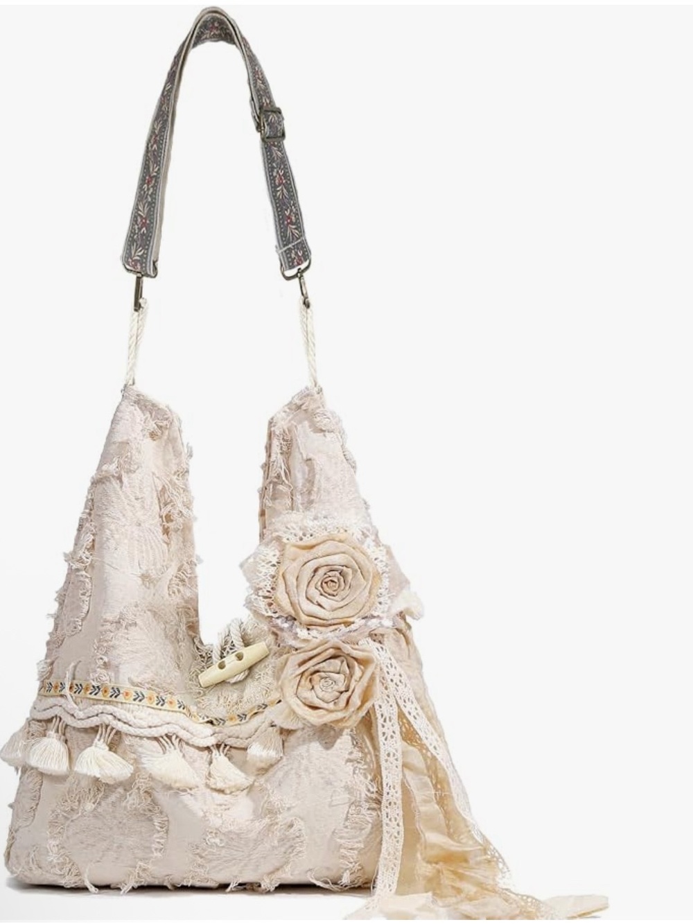 Boho Cream Floral Rope-Handle Shoulder Bag